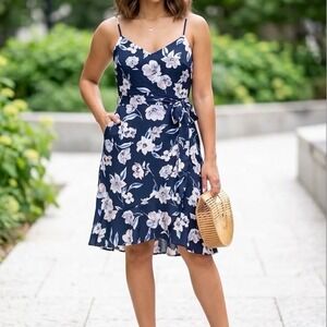 Banana Republic Floral Wrap Dress Womens 4 Navy Blue Excellent Casual Chic